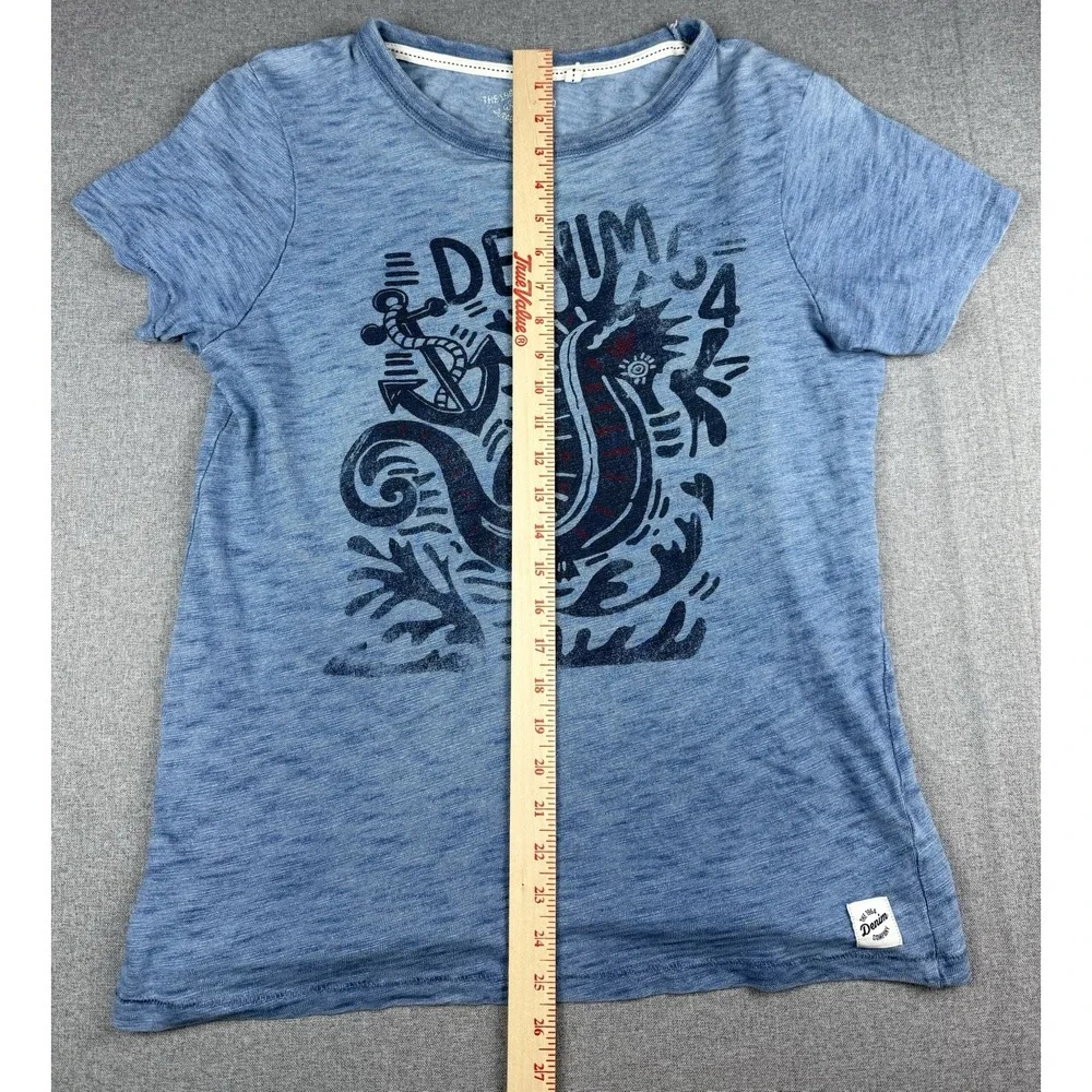 1984 Denim Co Blue Motorcycle Graphic T Shirt Mens Small Slub Cotton